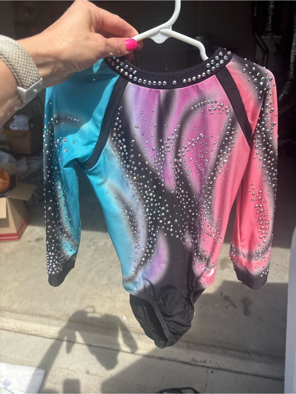 Kids Gradient Crystal-Embellished One-Piece Gymnastics Leotard - Pink & Blue